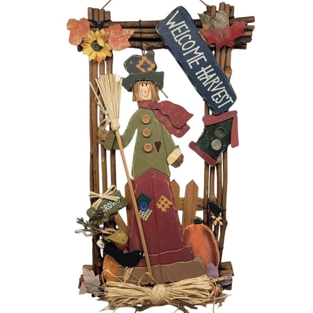 Welcome Harvest Fall Scarecrow Wall‎ Hanging Decor Crow Bird House Pumpkin READ